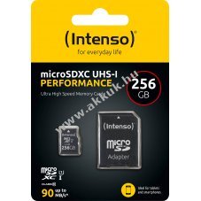 Intenso microSDXC 256GB Performance Class10 U1 90MB/s olvas�s 10MB/s �r�s SD-adapter csomag