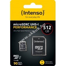 Intenso microSDXC k�rtya 512GB Performance Class10 U1 90MB/s olvas�s 10MB/s �r�s SD-adapter csomag