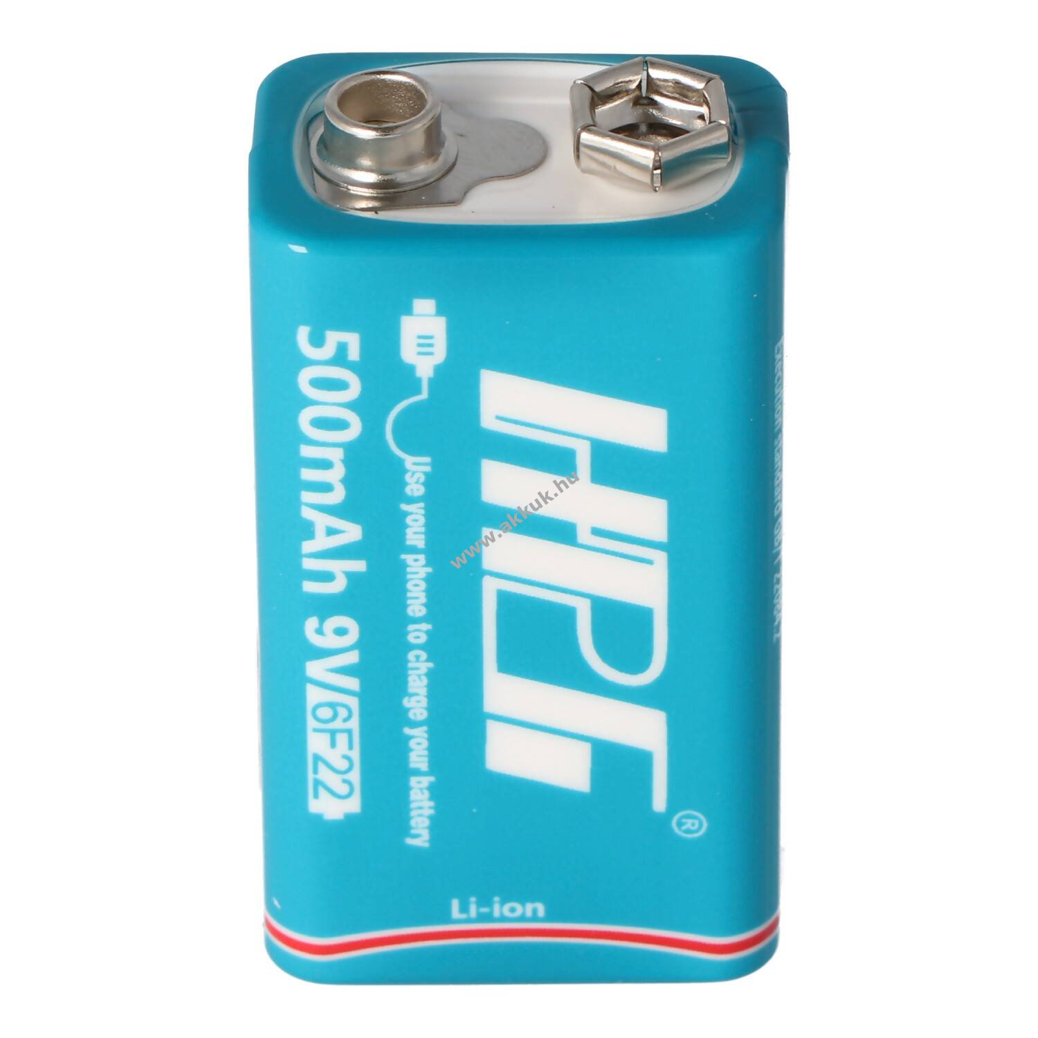 Helyettesítő akku 9V blokk 7,4V 500mAh USB töltőcsatlakozó Li-ion