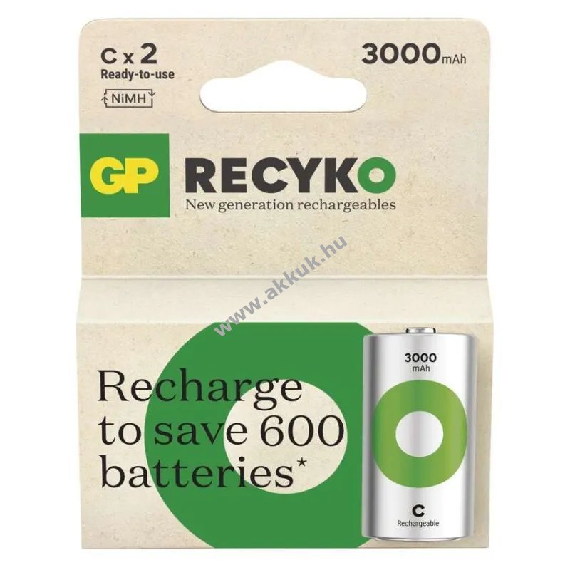 GP ReCyko Ni-MH akku HR14 bébi akku (C), 3000mAh 2db/csomag