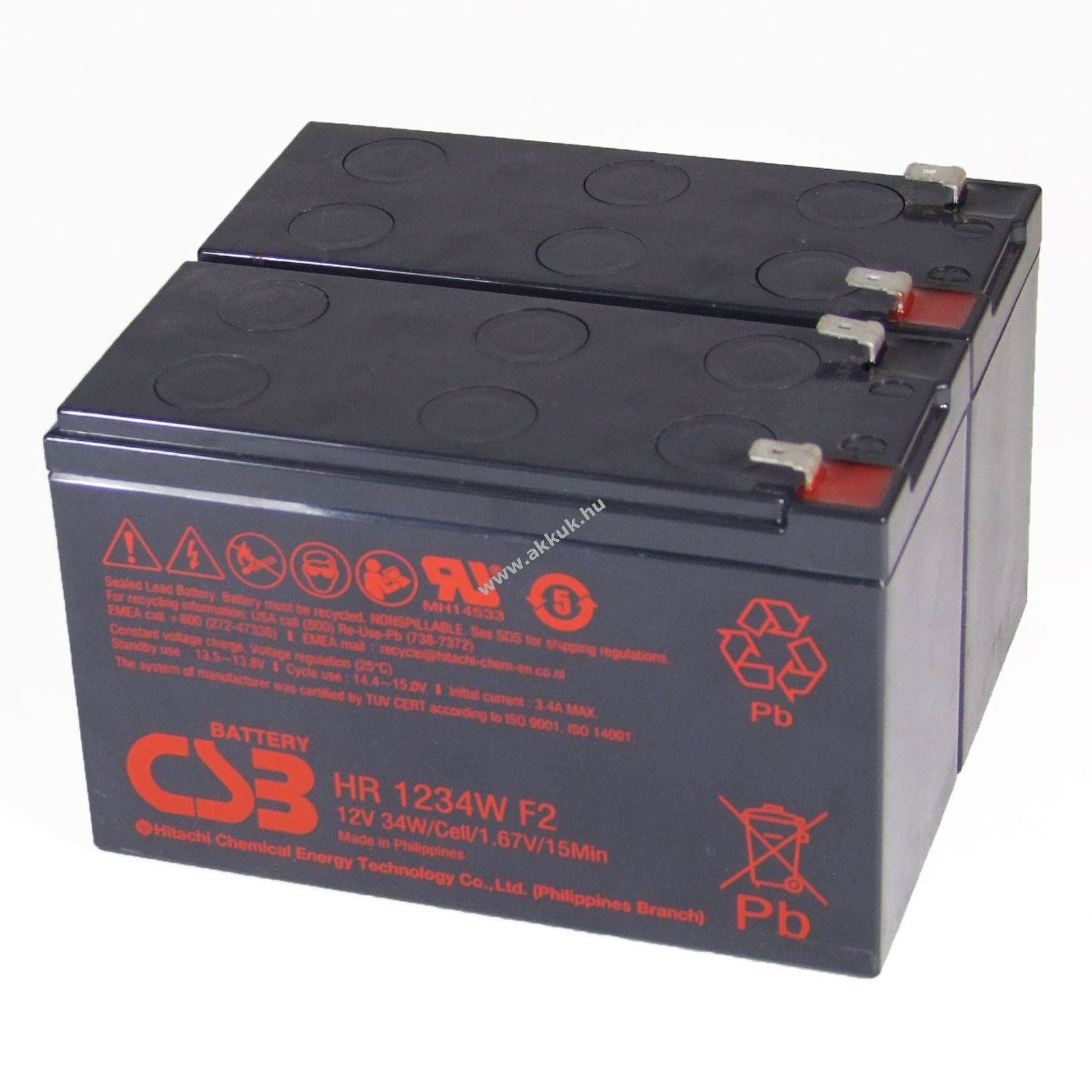 Ólom akku 12V 9Ah CSB / Hitachi típus HR 1234W F2 helyettesíti APC RBC 33 12V 9Ah