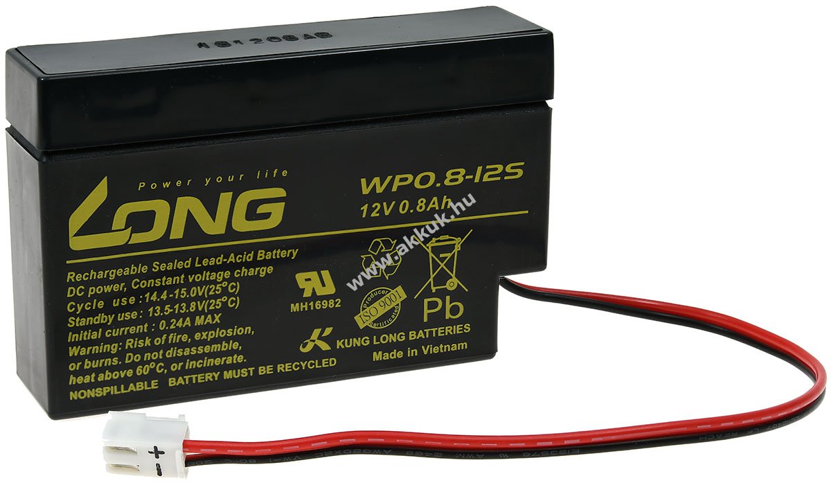 Kung Long Ólom akku típus WP0.8-12S helyettesíti YUASA NP0.8-12 12V 0,8Ah