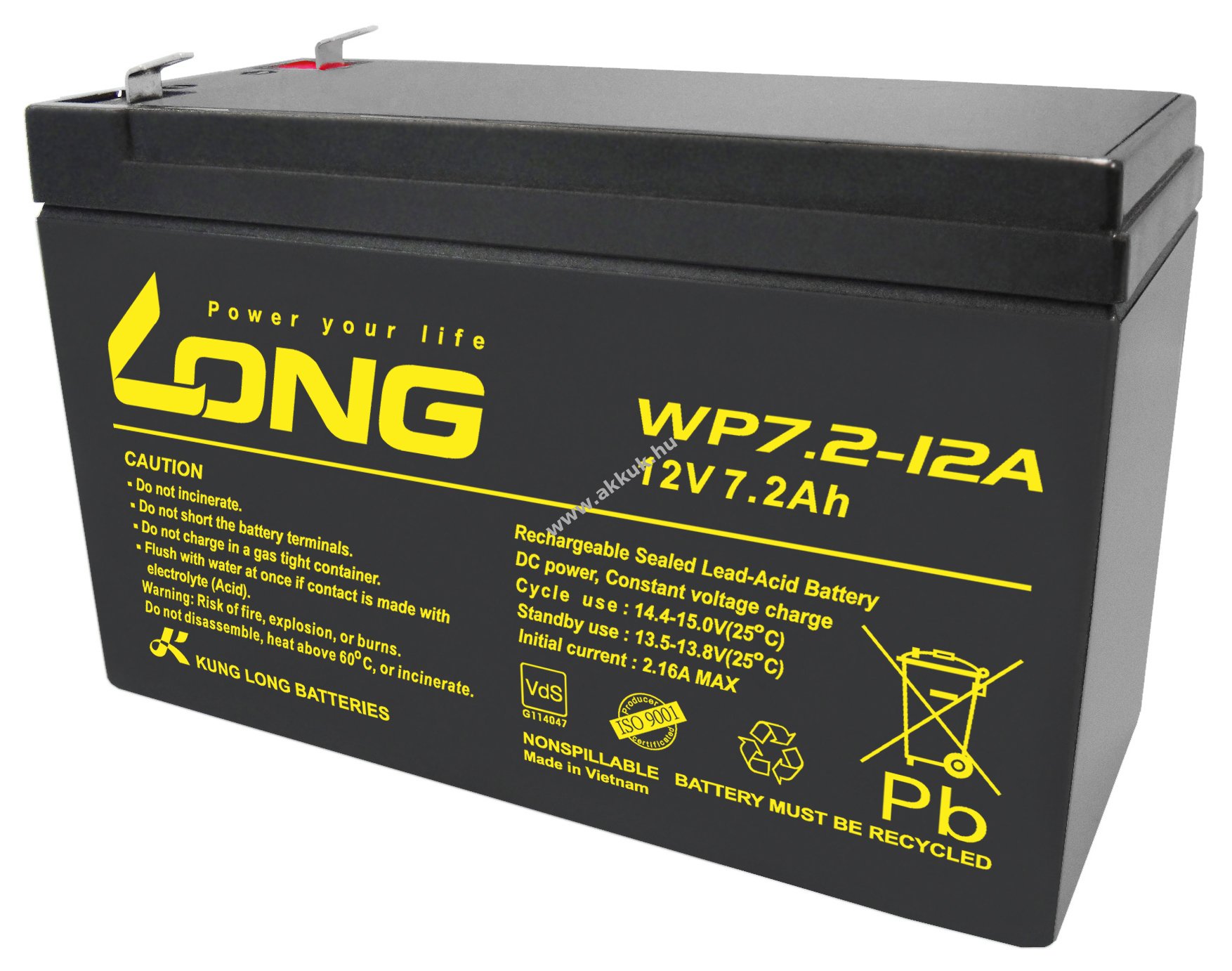 Ólomakku Kung Long típus WP7.2-12A F1 VdS minõsítéssel 12V 7,2Ah