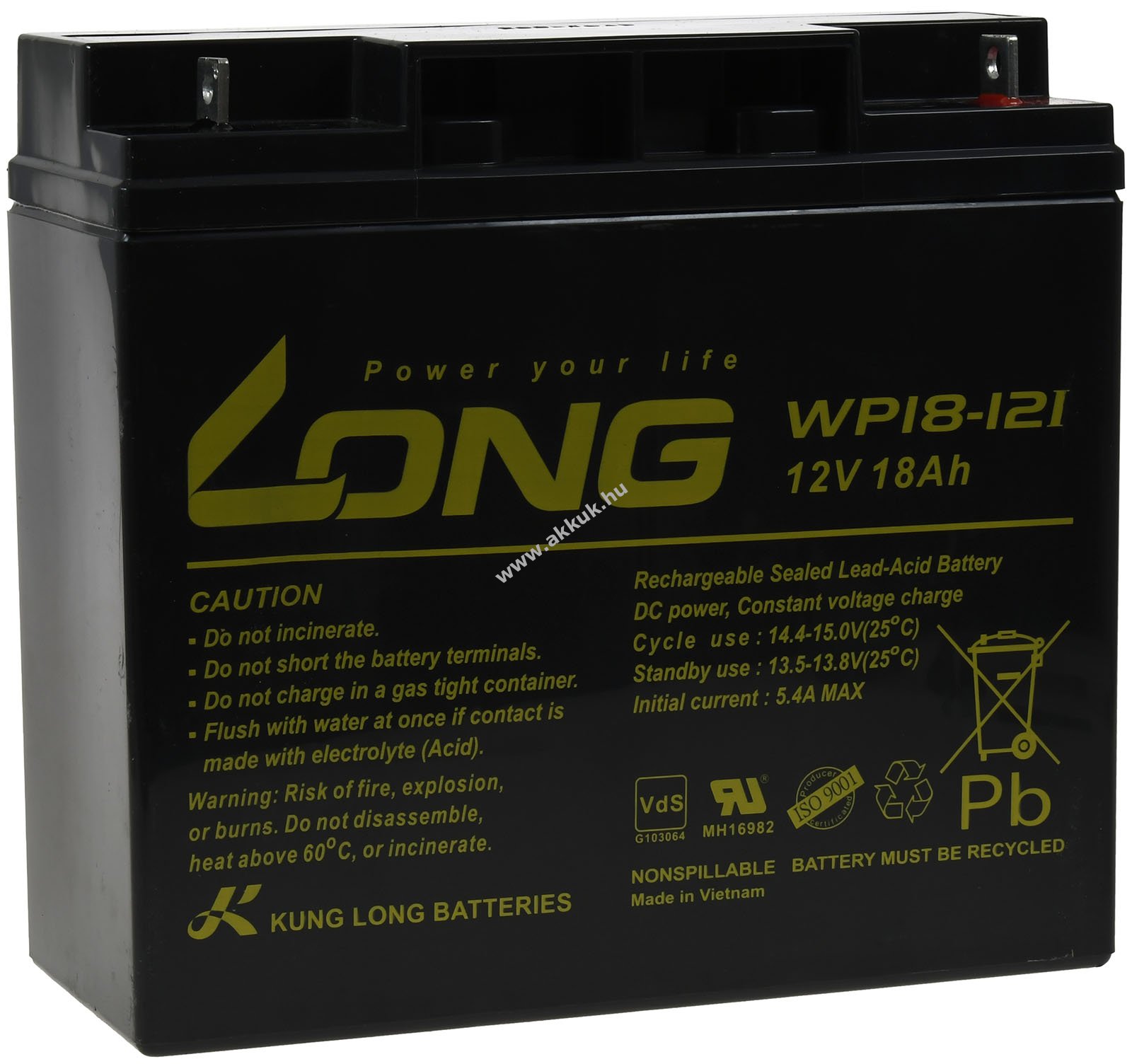 Kung Long ólomakku WP18-12I 12V 18Ah helyettesíti FIAMM típus FG21803