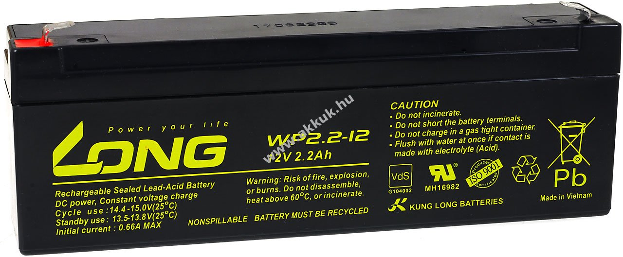 Ólomakku Kung Long típus WP2.2-12 VdS minõsítéssel 12V 2,2Ah