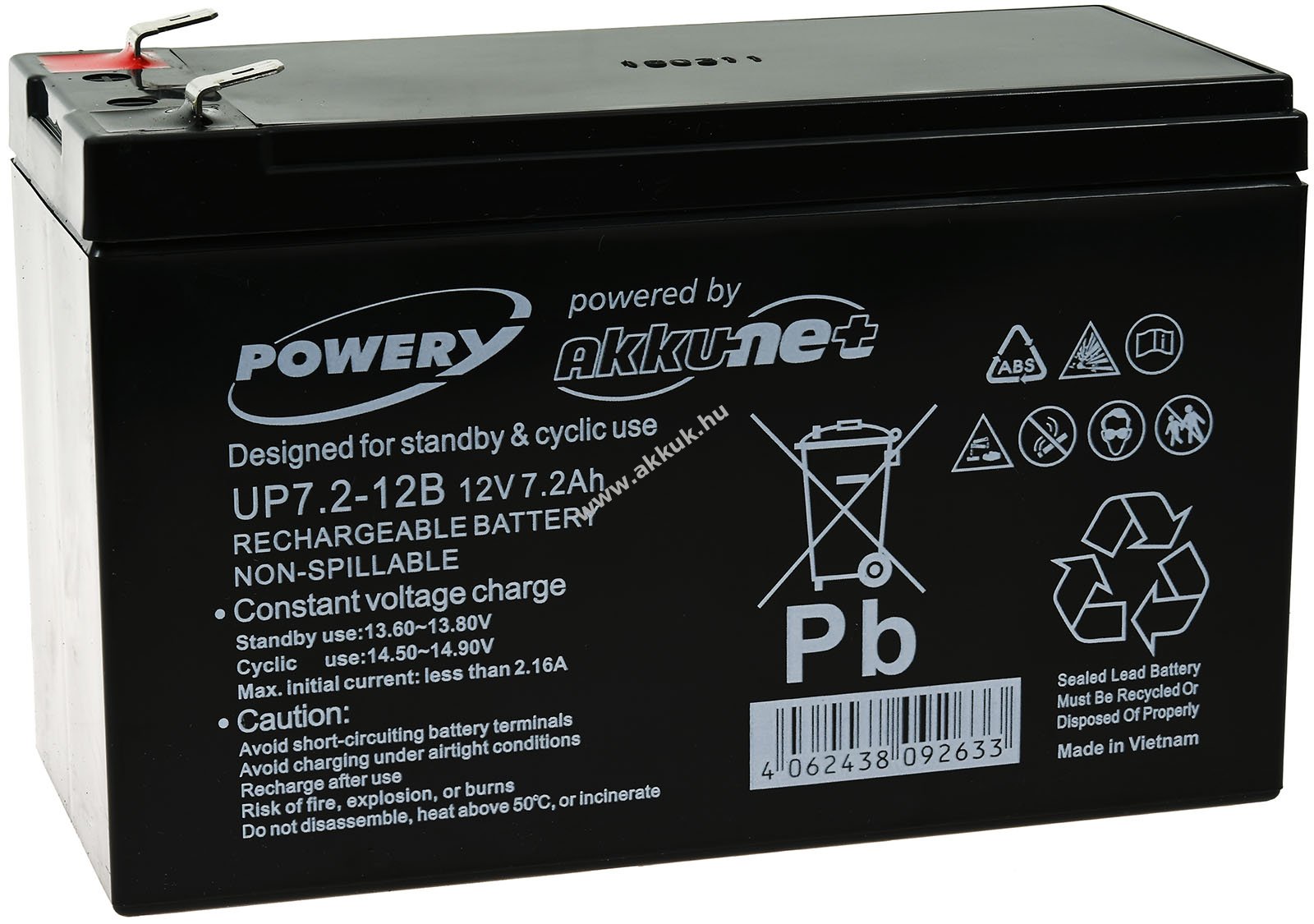 Powery ólom zselés akku helyettesíti Panasonic típus LC-R127R2PG1 12V 7,2Ah F2