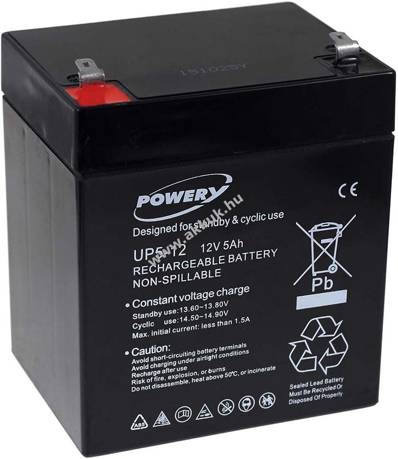 Powery ólom akku UP5-12 helyettesíti FIAMM típus FG20451 12V 5Ah