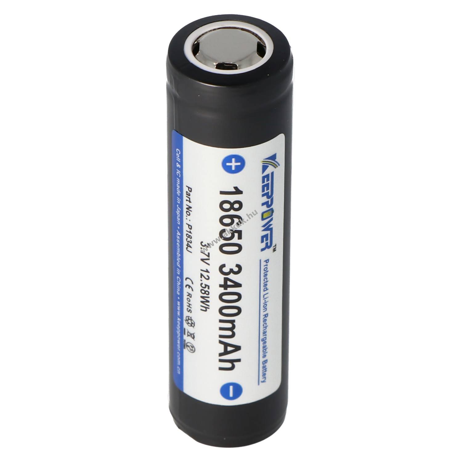 KeepPower 18650 akku 3,7V 3400mAh védett Flat Top 67,8x18,6mm Li-Ion - Kiárusítás