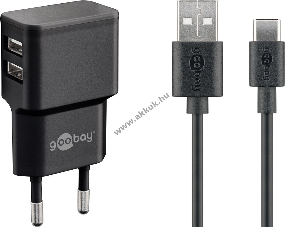 USB-C töltõkészlet 2,4 A, tápegység 2 USB-porttal és USB Type-C 1m-es kábellel (fekete)