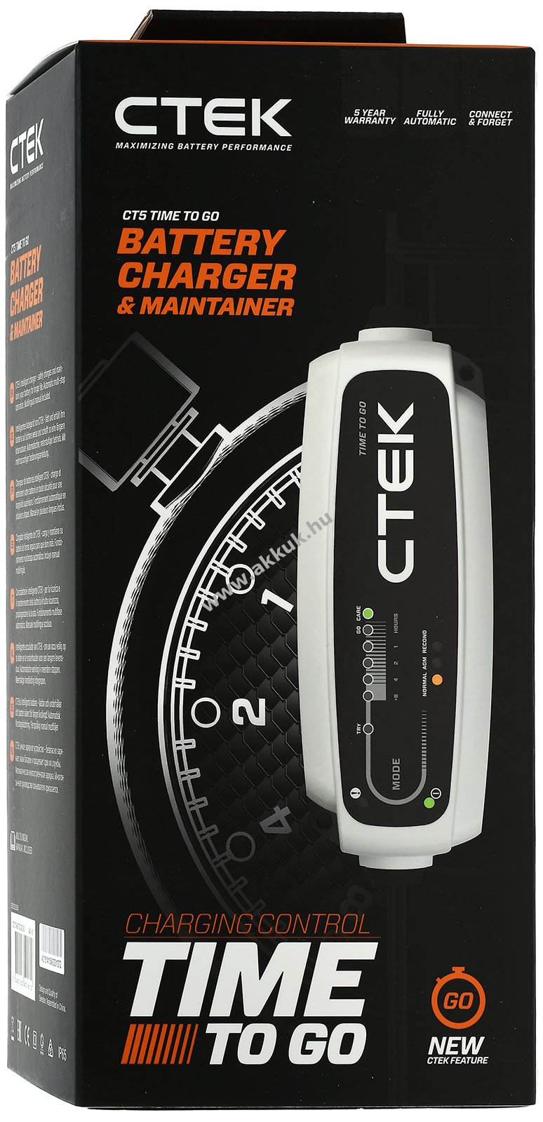 CTEK CT5 Time to Go, akkutöltő, visszaszámláló kijelzővel 12V 5A EU csatlakozóval