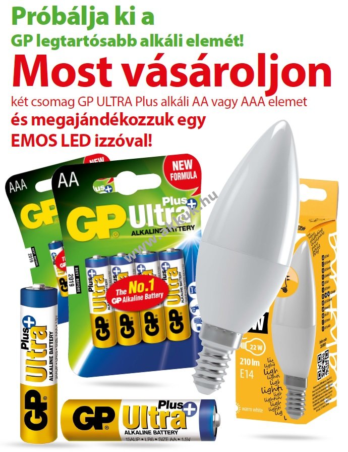 2 csomag GP elem Ultra Plus AAA 4db/csom. + 1db EMOS LED izzó - a készlet erejéig!!!