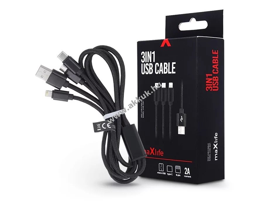 MAXLIFE 3 az 1-ben USB töltõ- és adatkábel 1m VEZETÉKKEL - A készlet erejéig!