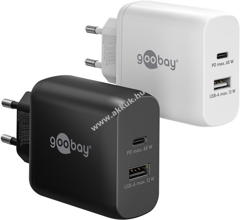 Goobay Multi Fast Charger 65W USB-C PD GaN dupla gyorstöltő fekete 1x USB-C 1x USB-A