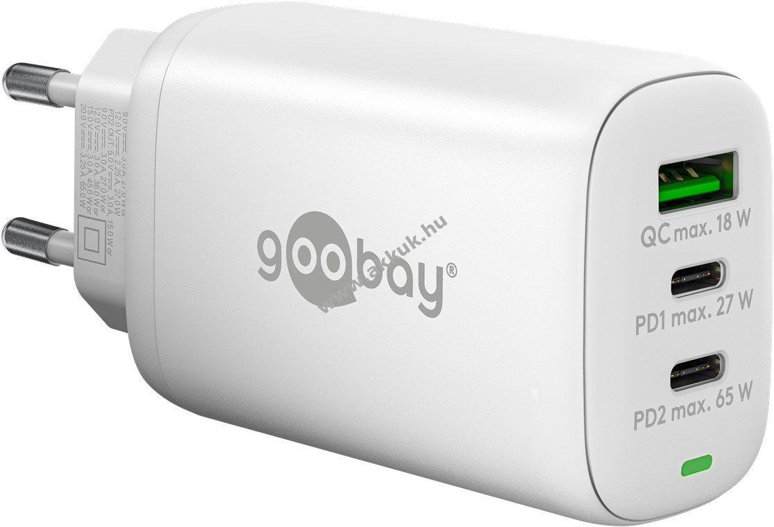 65W hálózati USB-C gyorstöltő többportos Power Delivery, fehér - A készlet erejéig