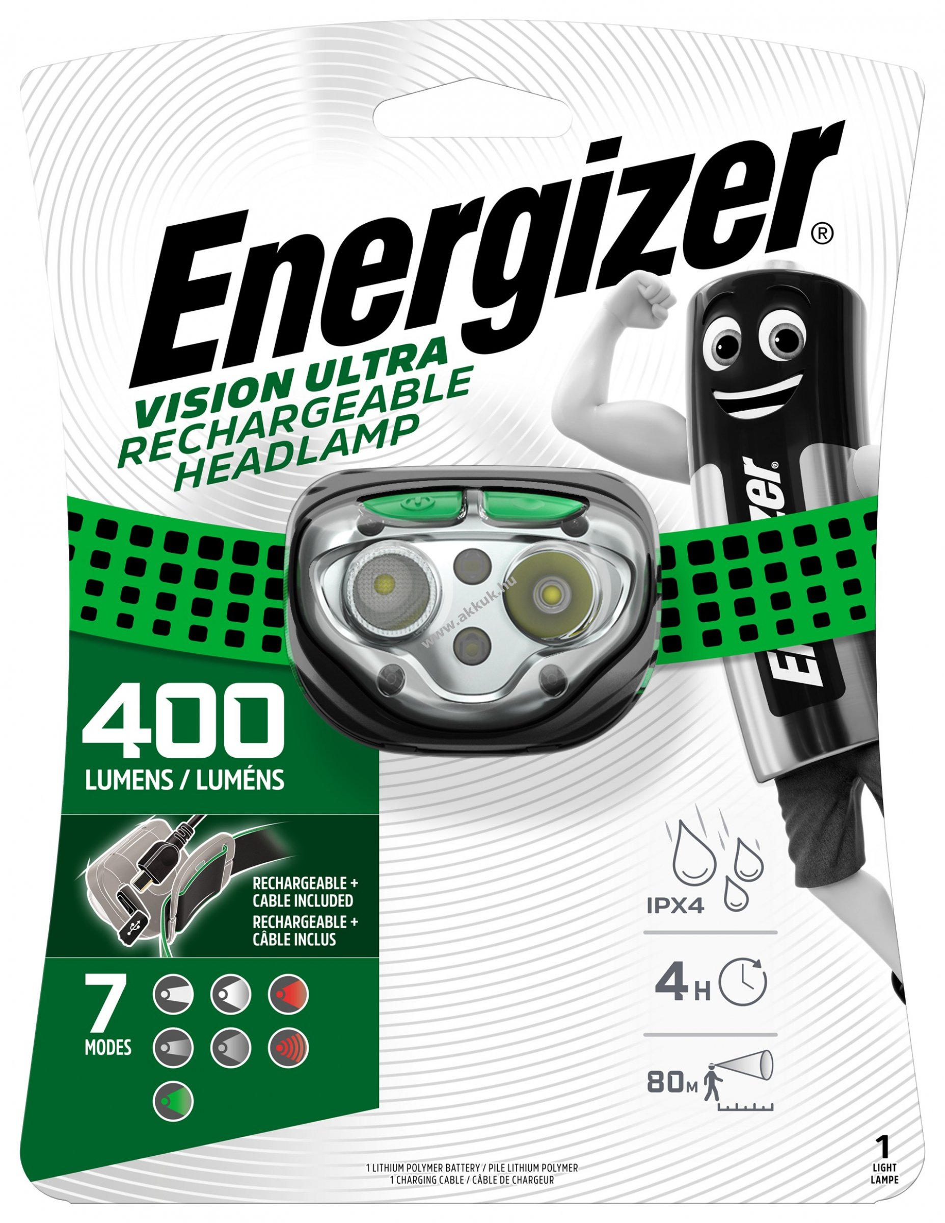 Energizer Pro+ LED VISION ULTRA tölthetõ fejlámpa 400lm zöld beépített akkuval
