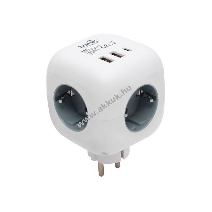 Home kocka elosztó USB töltővel, 3 aljzat gyermekvédelemmel, 1db USB-C, 2db USB-A