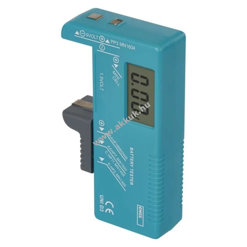 EMOS univerzális elemteszter AAA, AA, C, D, 9V és 1,5V-os gombelemekhez UNI D3