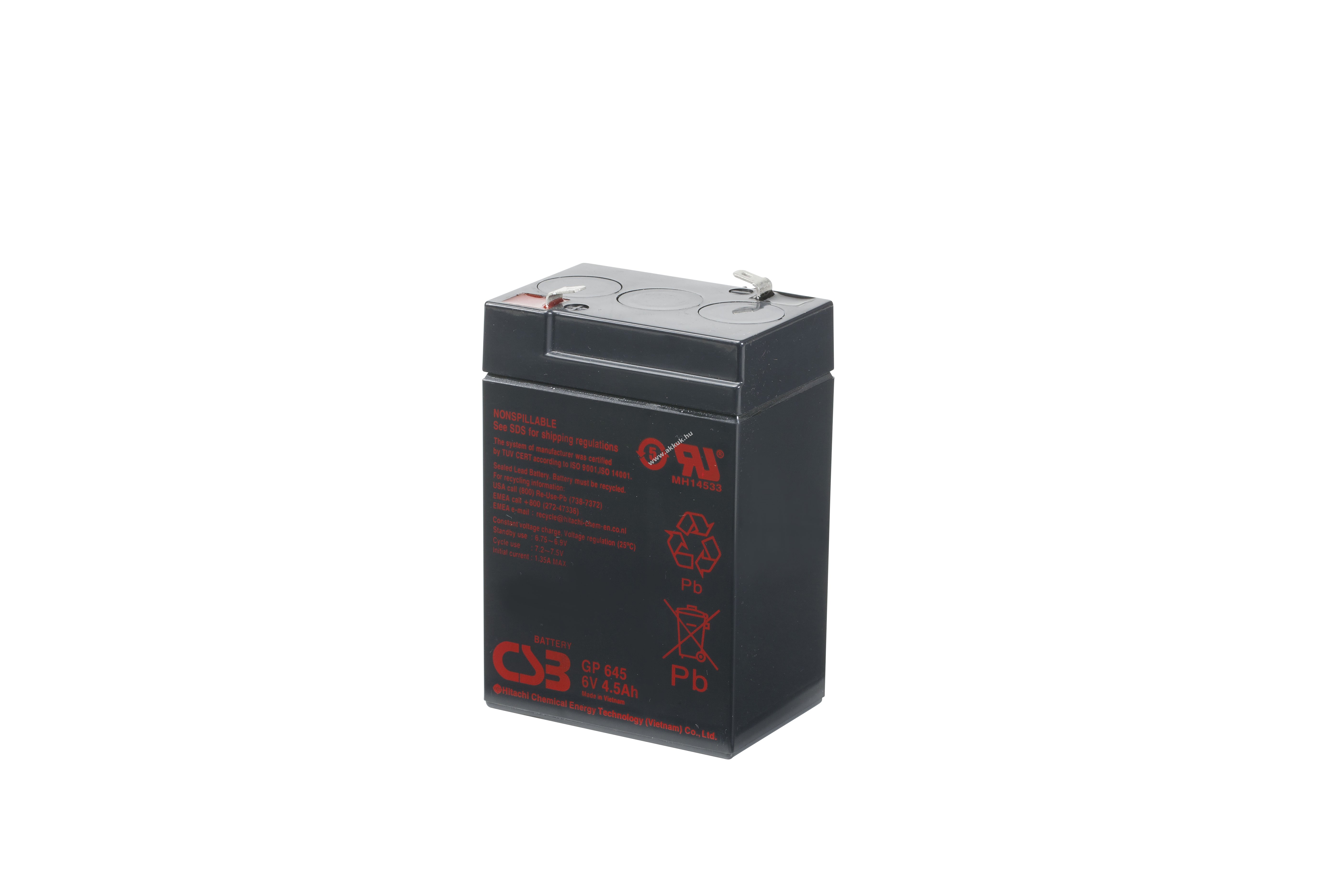 Ólom akku 6V 4,5Ah ( CSB / Hitachi) típus GP645 F1