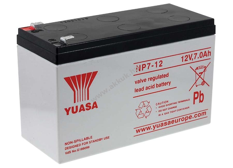 Ólom akku 12V 7Ah (YUASA) típus NP7-12 VDS-minõsítéssel (csatlakozó: F1) helyettesíti: 12V 7,2Ah