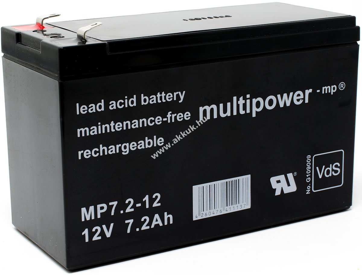 Ólom akku (Multipower) típus MP7,2-12 - VDS-minõsítéssel (csatlakozó: F1)