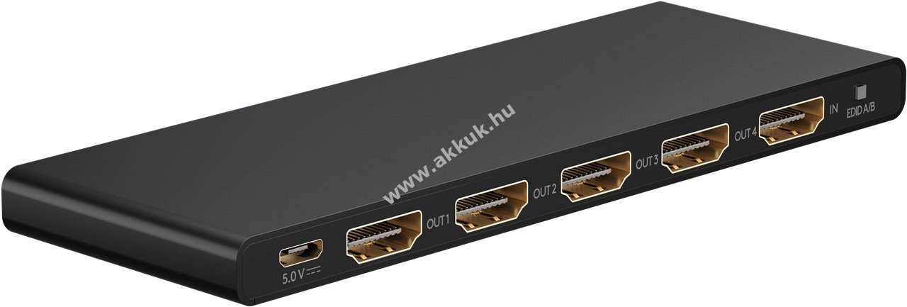 Goobay HDMI elosztó 1x4 4K@60Hz lapos alumínium ház aranyozott csatlakozók tápegység 5V
