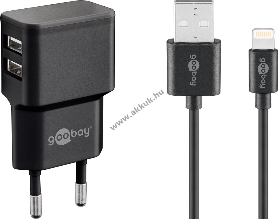 Goobay 12W dupla USB-A hálózati töltőkészlet Apple Lightning kábel 1m fekete