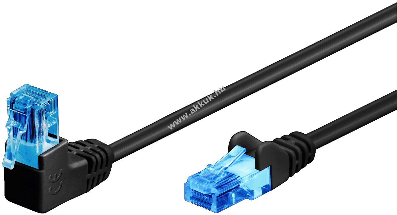 Goobay CAT6A patchkábel 1x90° U/UTP 0,5m fekete rézzel bevont alumínium (CCA) rögzítőfül fent