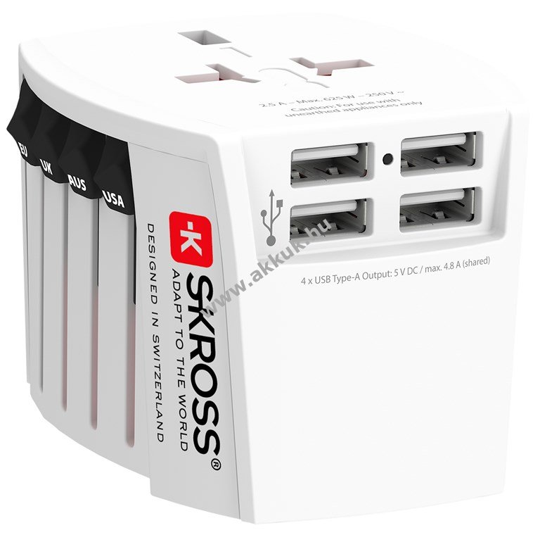 Skross MUV USB utazóadapter 2 pólusú földelés nélküli készülékekhez USB-töltővel