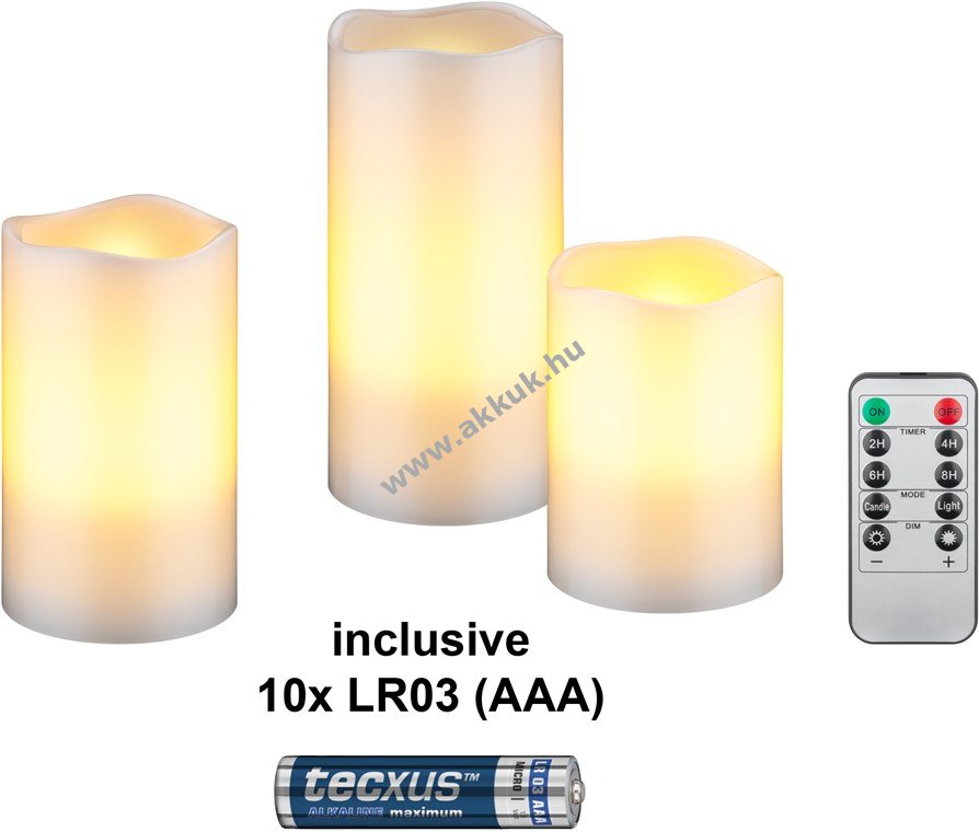 Goobay 3db/csomag LED valódi viasz gyertya 10x AAA (LR03) elemmel fehér távirányító időzítő 2700K