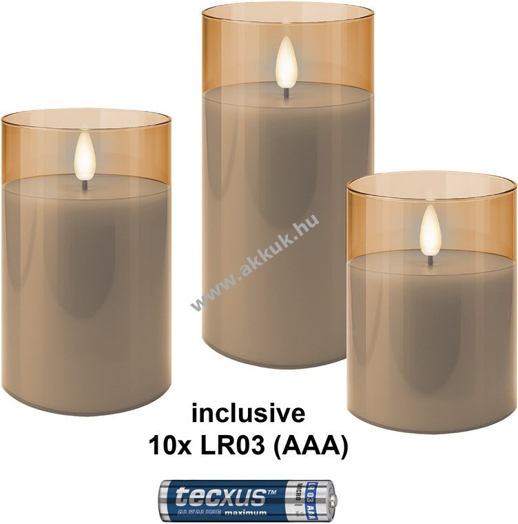 Goobay 3db LED valódi viasz gyertya üveg arany áttetsző 10x AAA (LR03) elemmel időzítő 3D-láng 2700K
