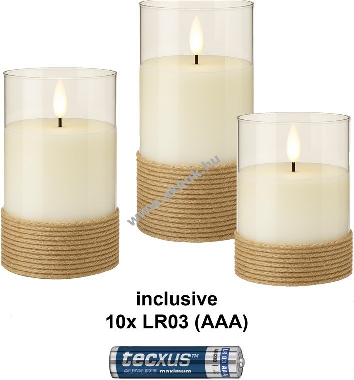 Goobay 3db/csomag LED viasz gyertya üvegben fehér kender 10x AAA (LR03) elemmel időzítő 2700K