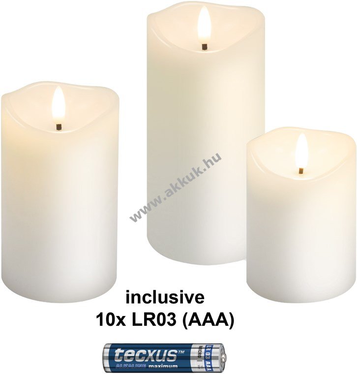 Goobay 3db/csomag LED valódi viaszgyertya fehér 10x AAA (LR03) elemmel időzítő 3D láng 2700K