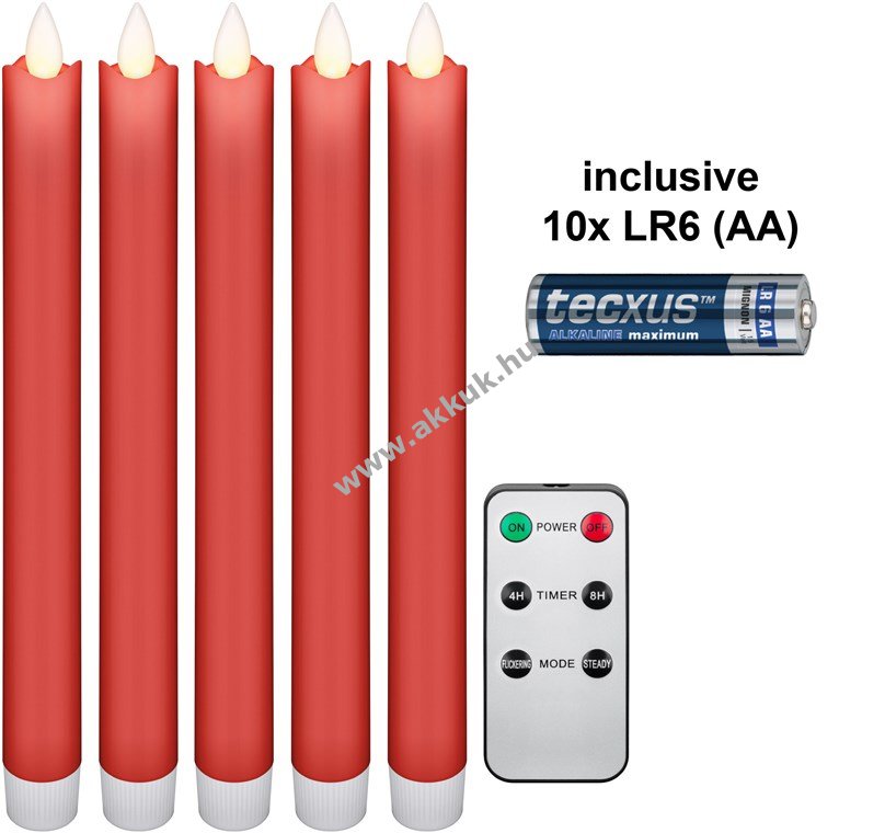Goobay LED viaszgyertya 5db/csomag piros 24cm távirányítóval 10xAA elemmel időzítővel 2700-3000K