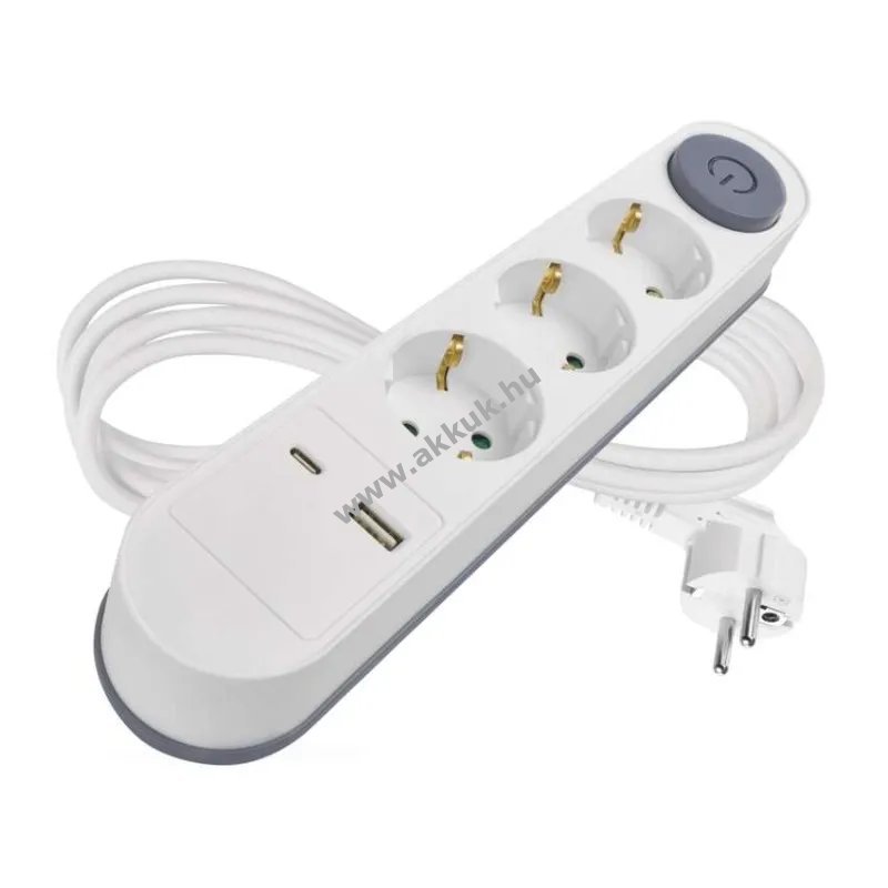 EMOS Hosszabbító 2m, 3 aljzat, kapcsolós, 1db USB-A + 1db USB-C, fehér