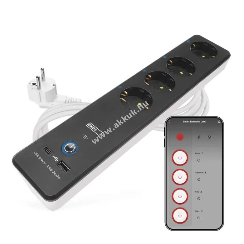 EMOS GoSmart hosszabbító 2m / 4 aljzat / kapcsolós / USB / fehér-fekete / PVC / 1,5 mm2