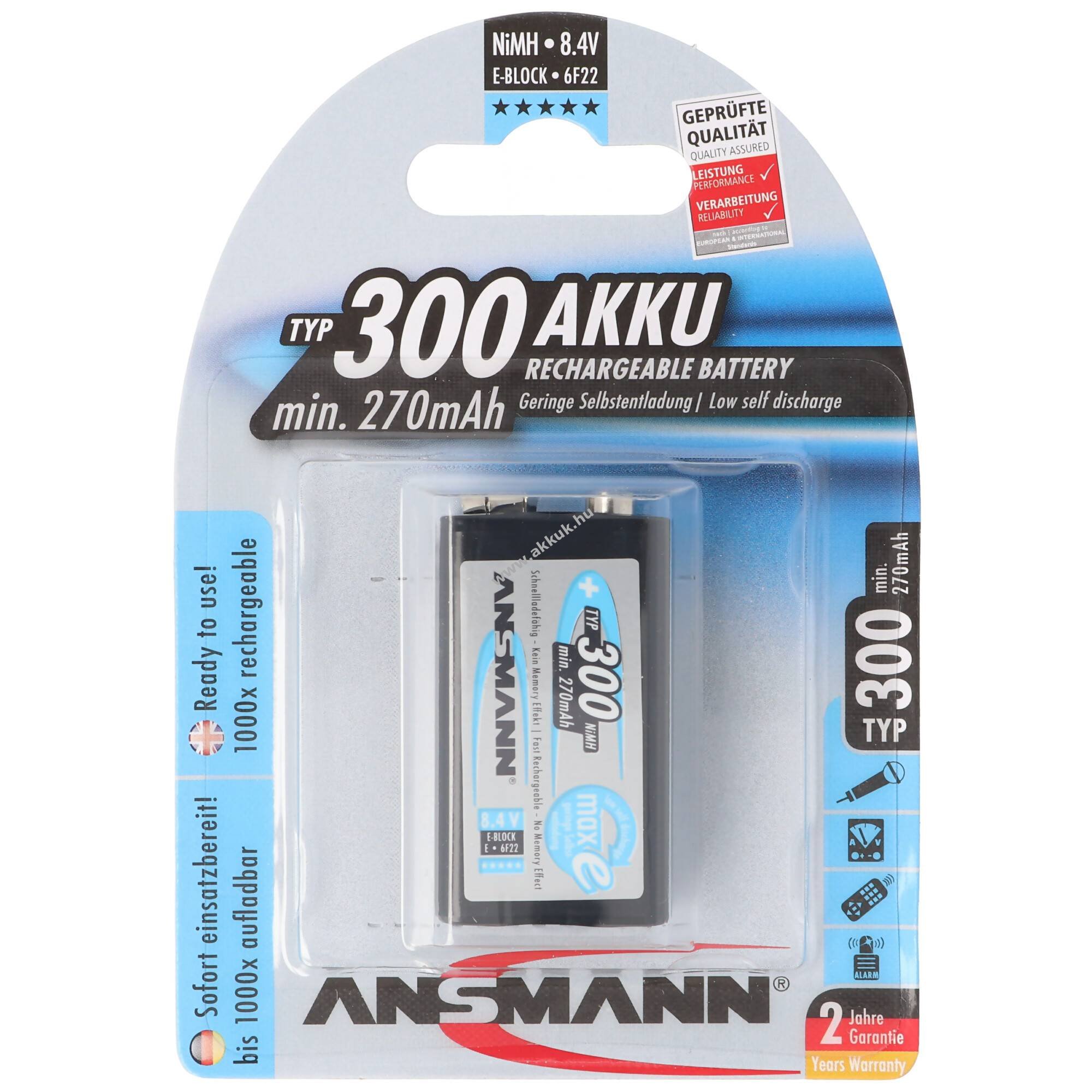 Ansmann E-Block 8,4V 300mAh 6F22 akku NiMH