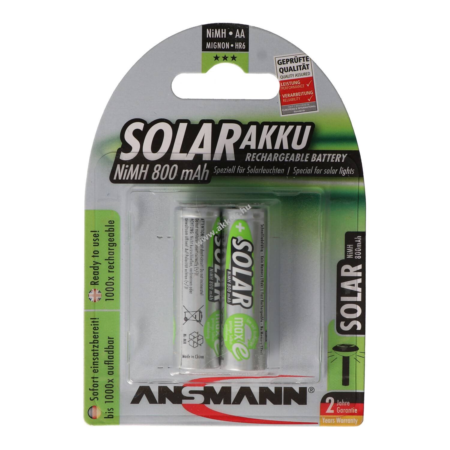 Ansmann Solar AA Mignon ceruza akku 1,2V 800mAh 2db/csomag NiMH