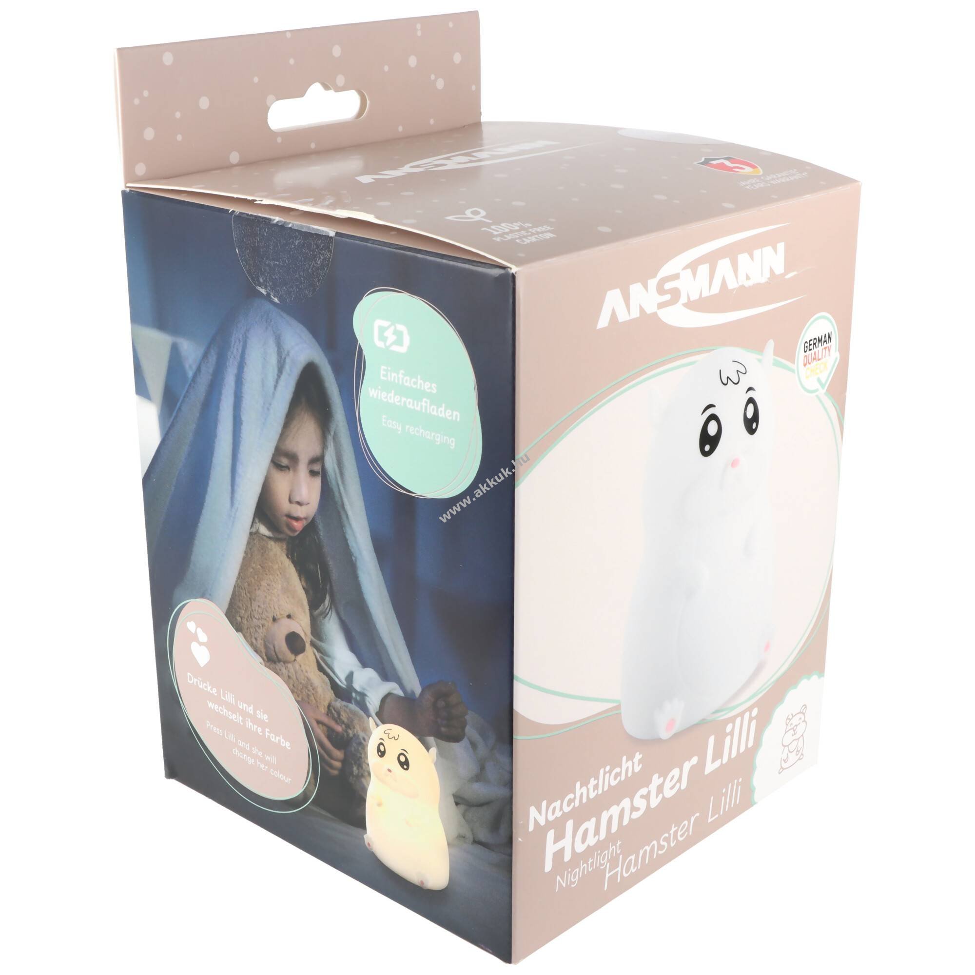 Ansmann LED éjszakai lámpa Hamster Lilli szilikon újratölthető USB 3,7V50mAh Li-Ion