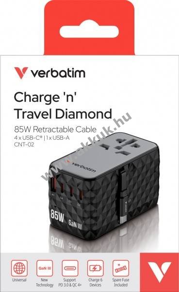Verbatim Charge'n'Travel GaN III univerzális utazóadapter 85W