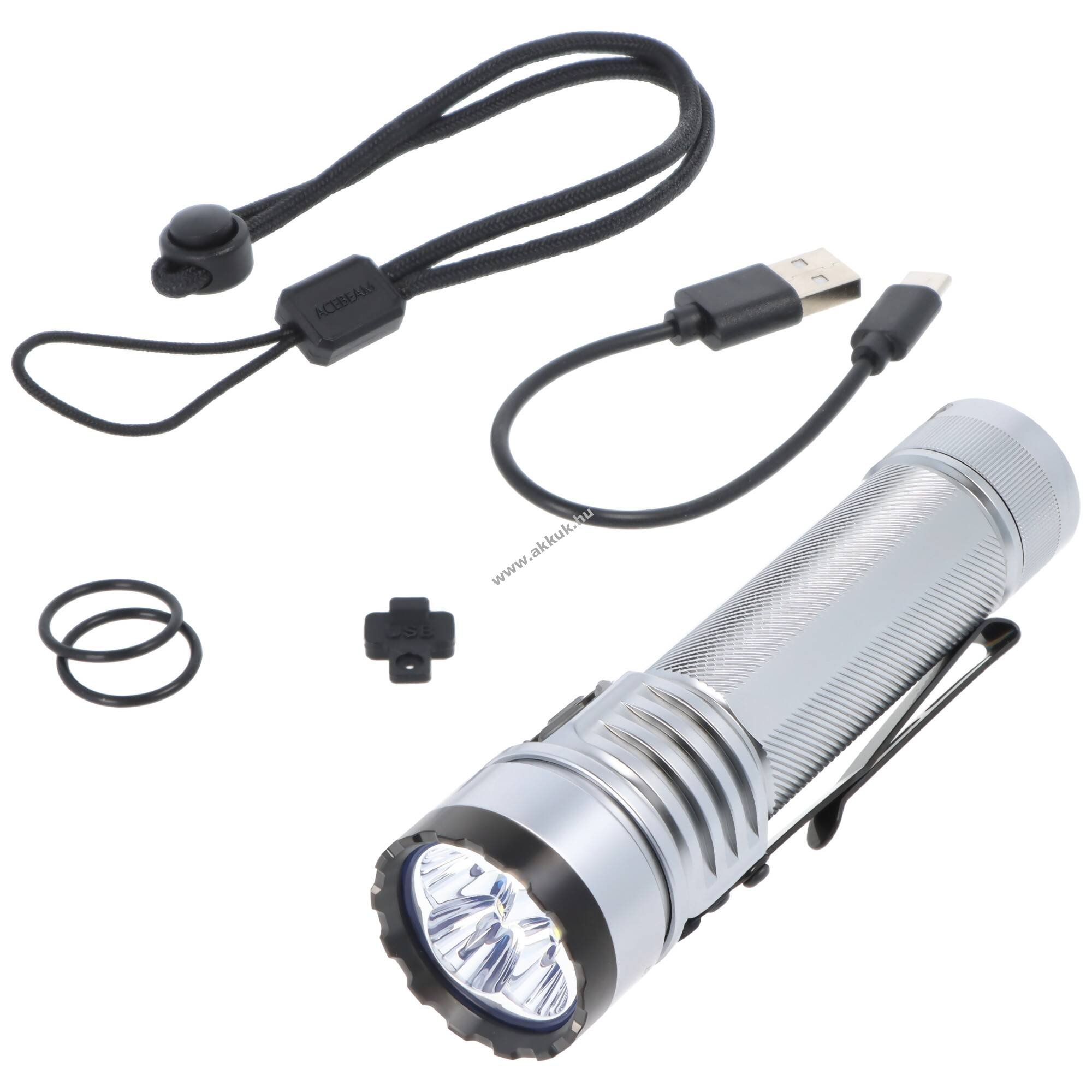 AceBeam E75 Quad-Core LED zseblámpa 4500lm 6500K 21700 Li-Ion akkuval ezüst
