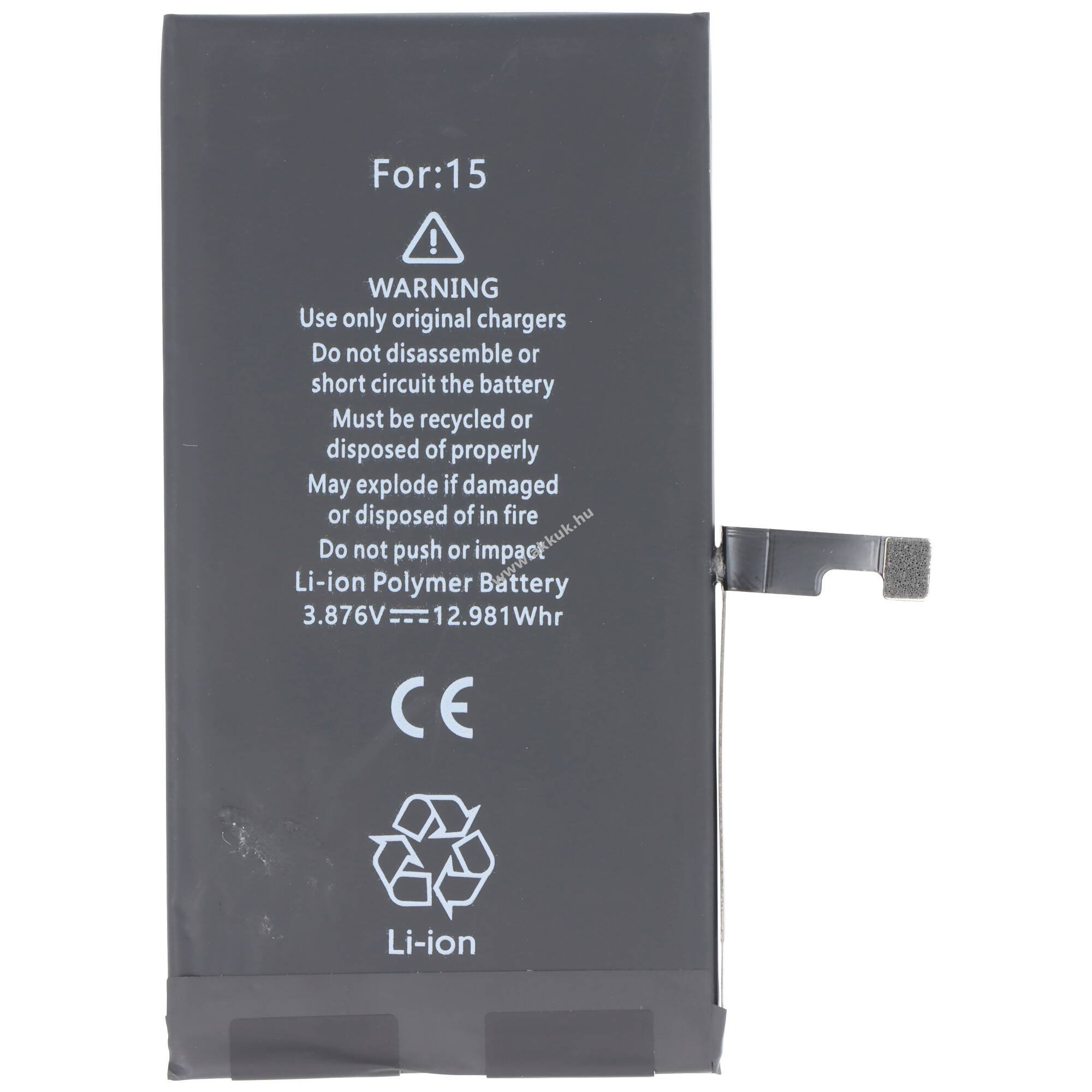 Helyettesítő akku Apple iPhone 15 mobiltelefon 3,87V 3349mAh 12,98Wh Li-Polymer LiPo