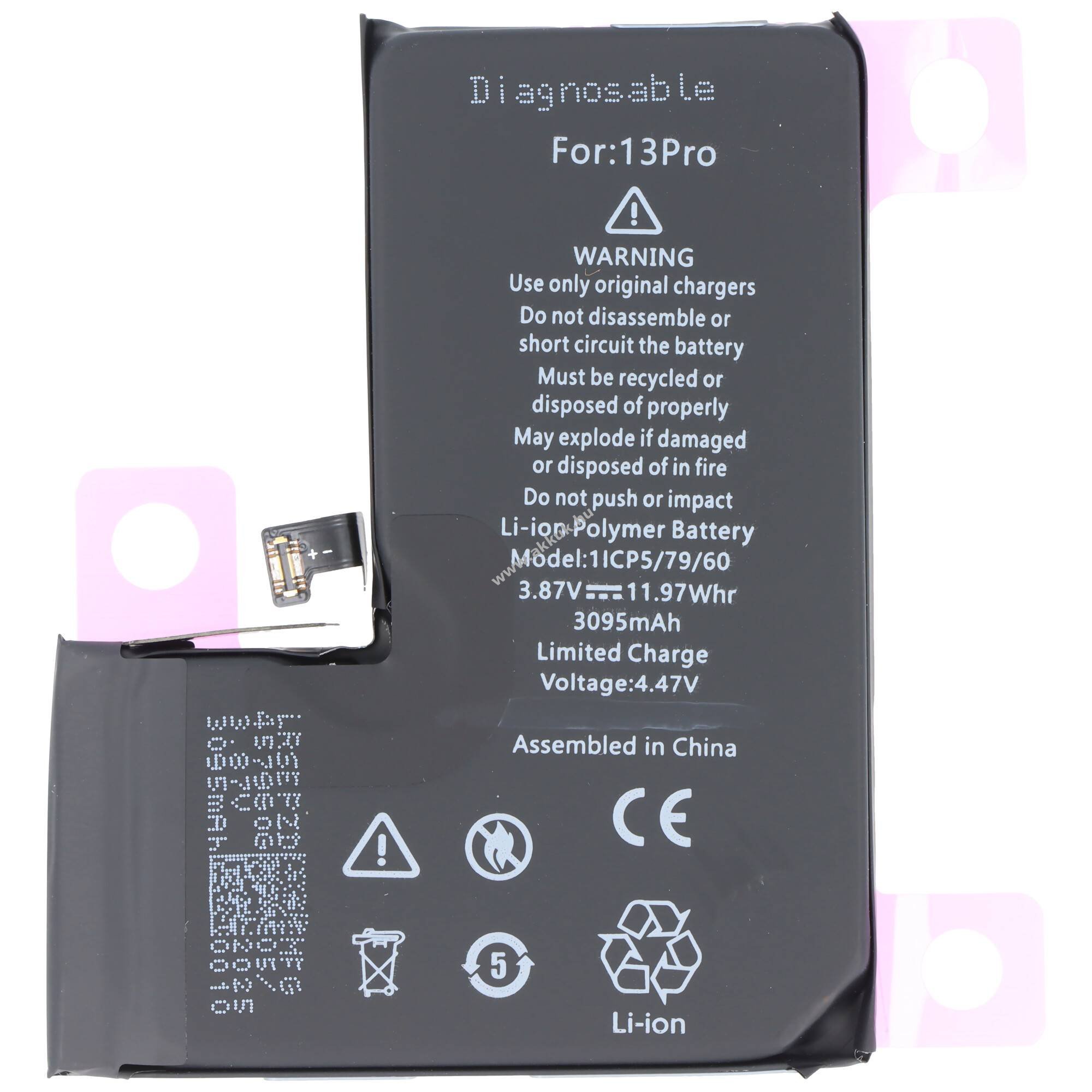 Helyettesítő akku Apple iPhone 13 Pro A2656 3,85V 3095mAh 11,9Wh mobiltelefon Li-Polymer LiPo
