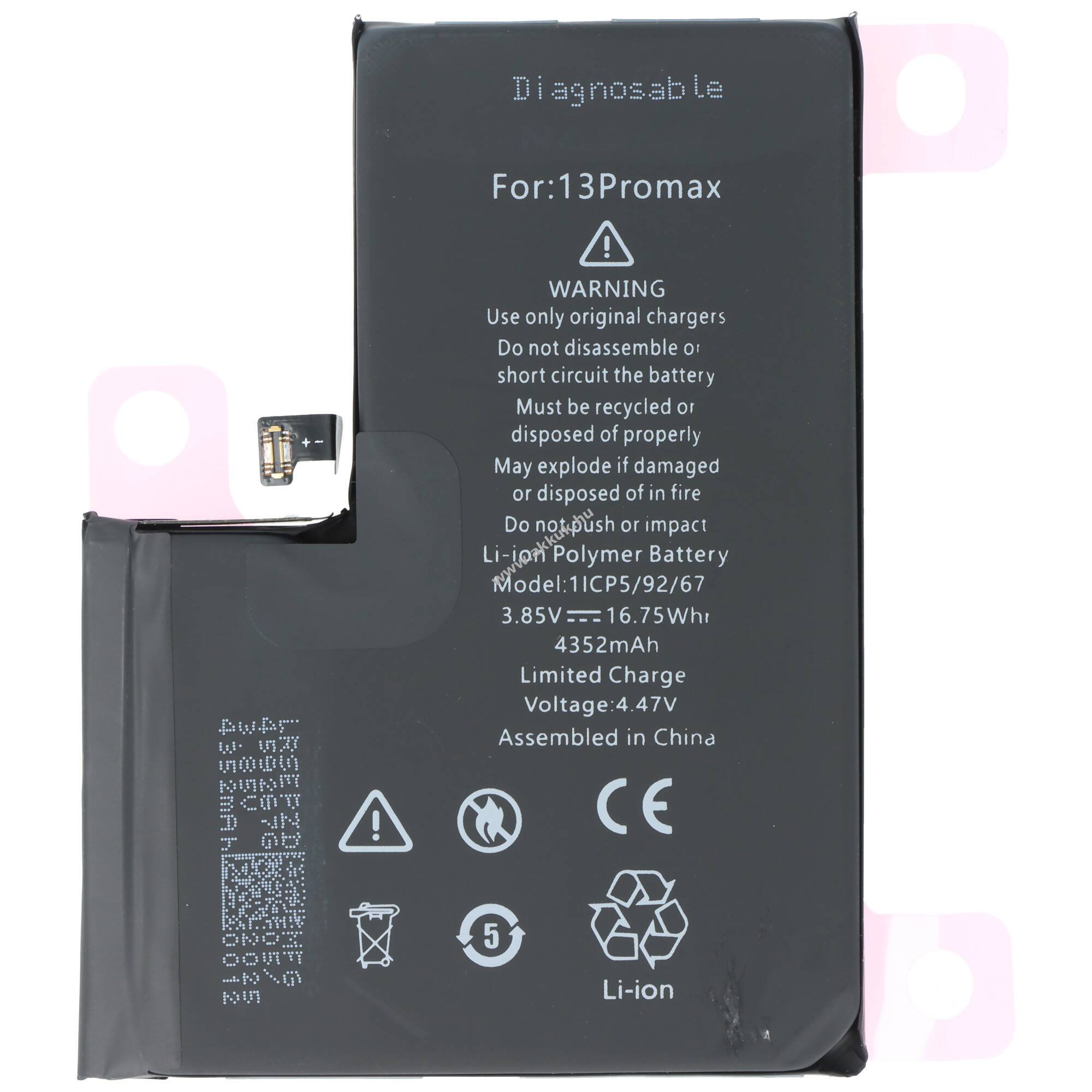 Helyettesítő akku mobiltelefon Apple iPhone 13 Pro Max A2653 1/CP5/92/67 3,85V 4352mAh Li-Polymer LiPo
