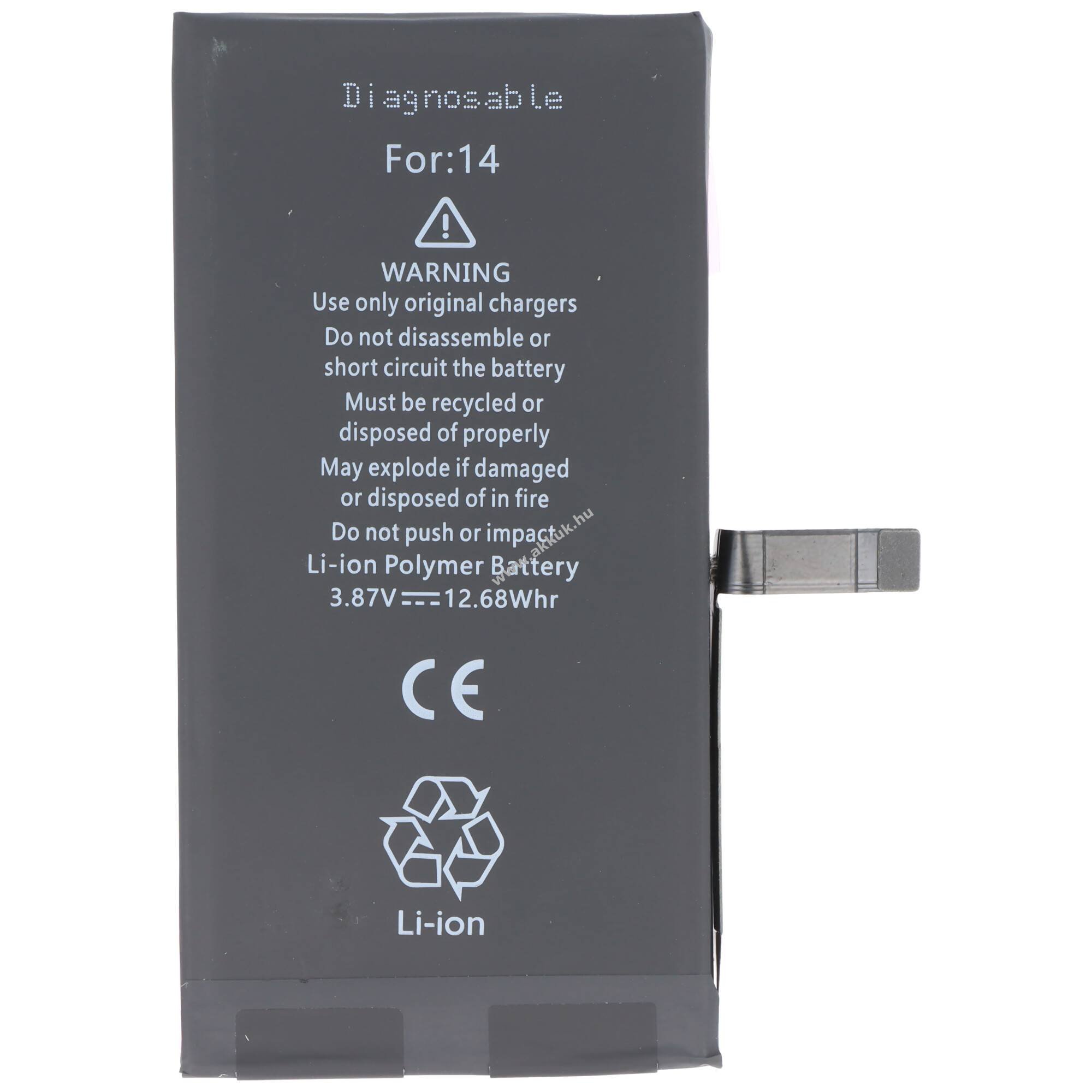 Helyettesítő akku Apple iPhone 14 mobiltelefon 3,87V 3279mAh 12,68Wh diagnosztizálható Li-Polymer LiPo