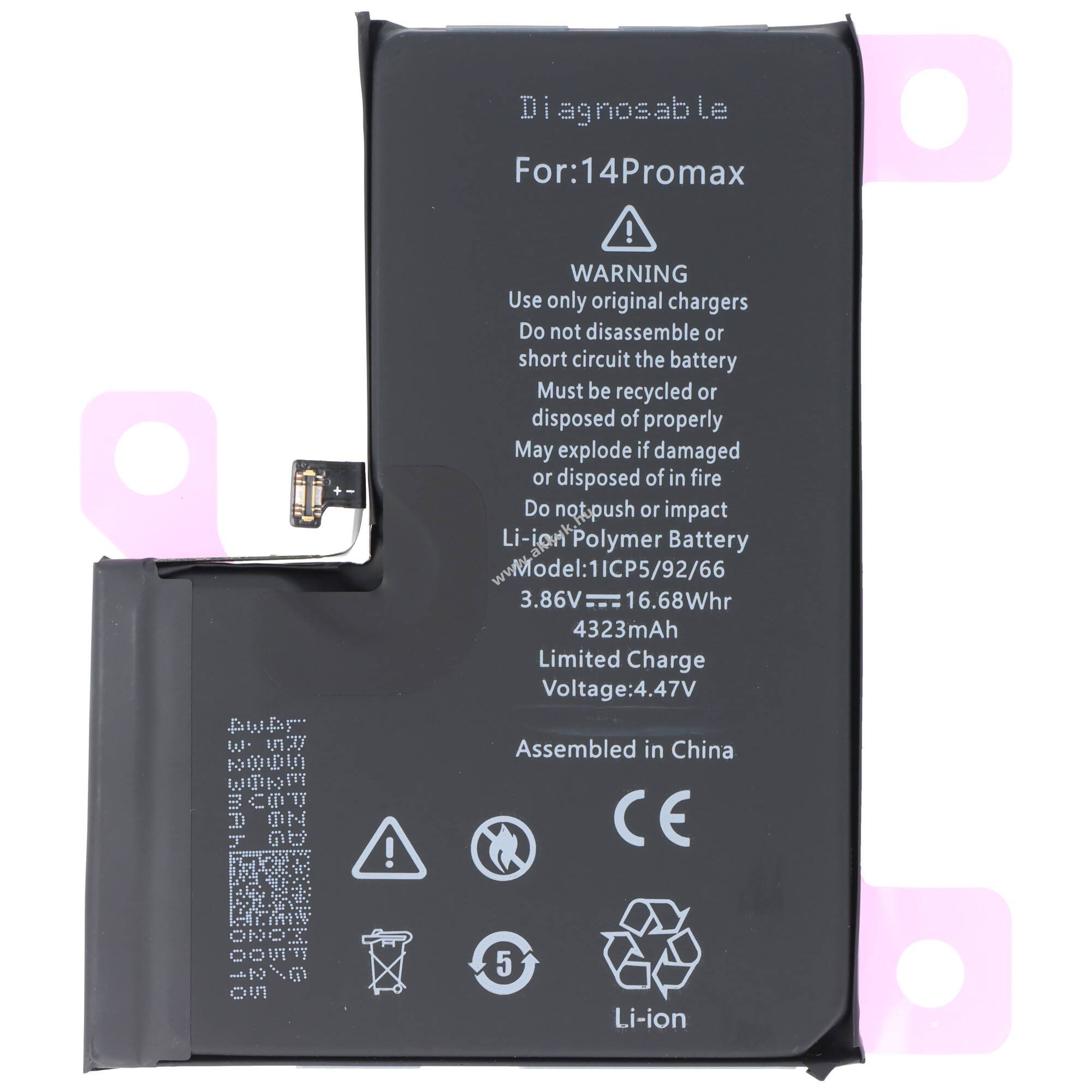 Helyettesítő akku mobiltelefon Apple iPhone 14 Pro Max A2830 3,86V 4323mAh Li-Polymer LiPo