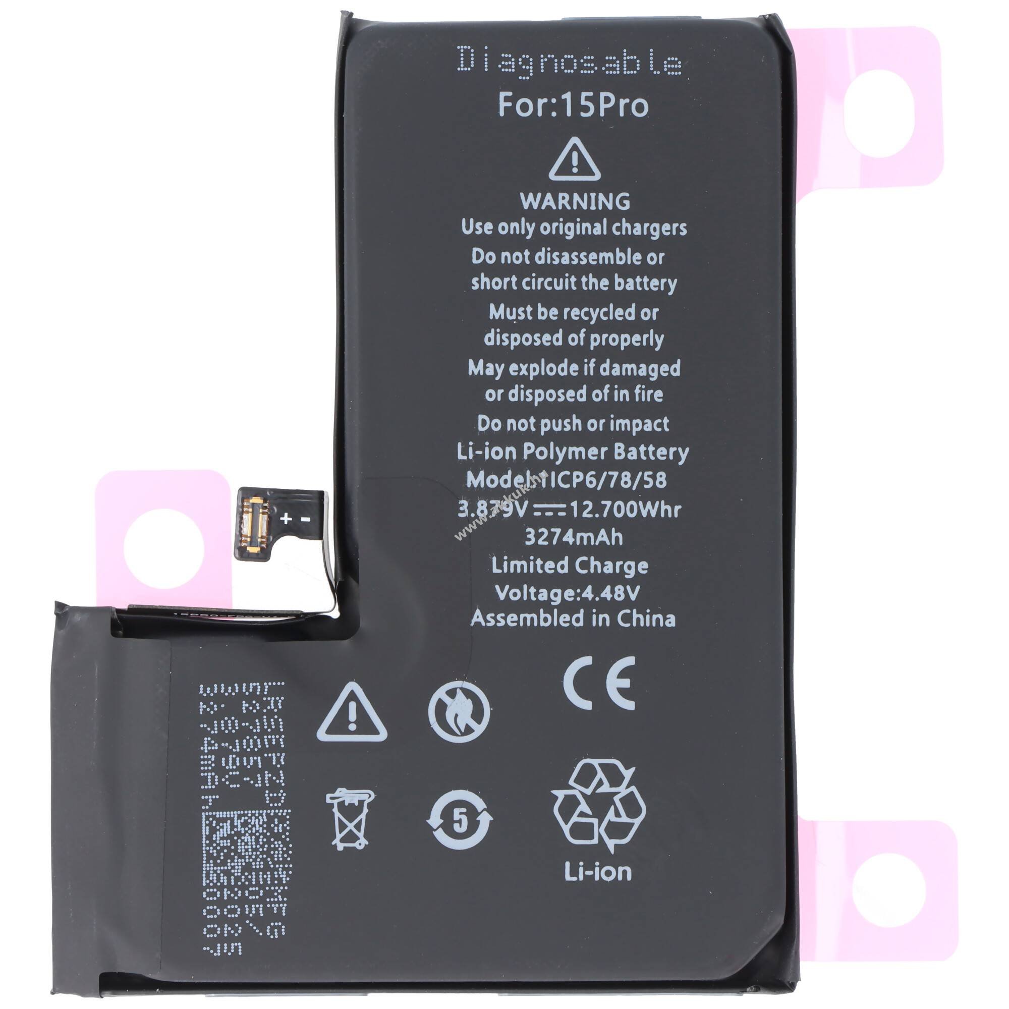 Helyettesítő akku mobiltelefon Apple iPhone 15 Pro A3011 3,87V 3274mAh 12,7Wh Li-Polymer LiPo