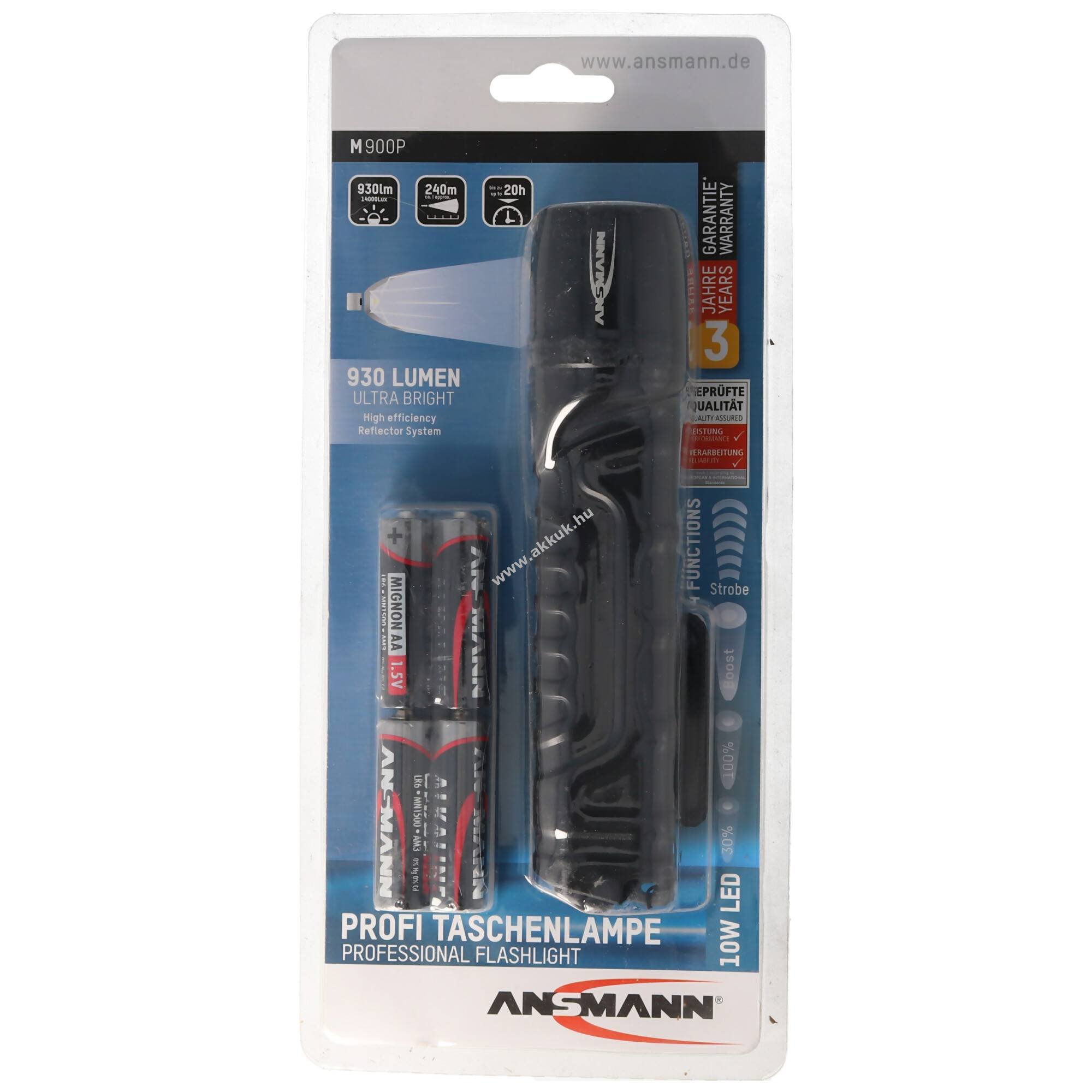 Ansmann M900P LED zseblámpa 10W 930lm fekete csuklópánt IP67 4x Mignon ceruza AA elemekkel együtt
