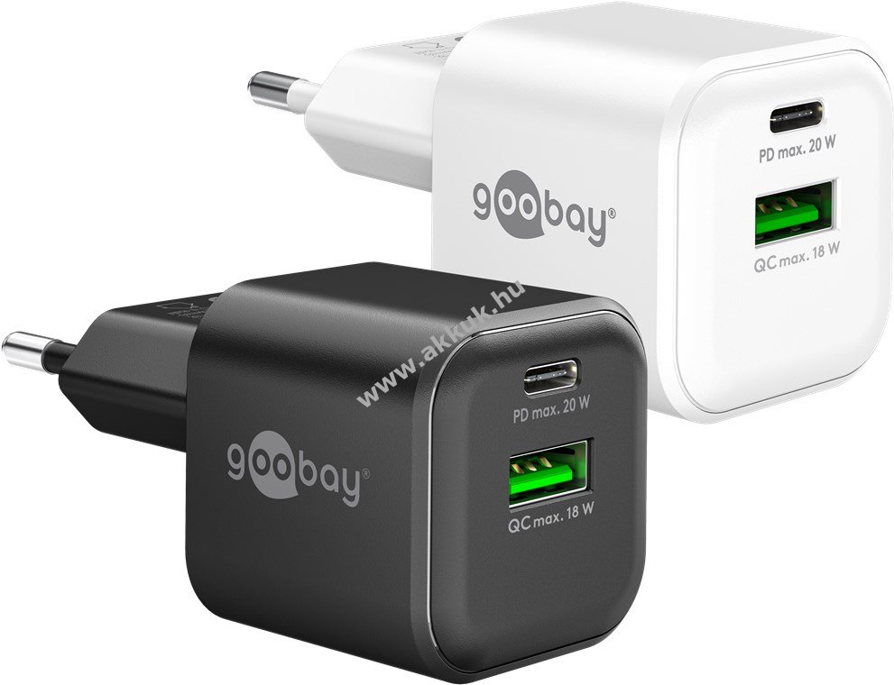 Goobay Multi Fast Charger 20W USB-C PD GaN duál nano gyorstöltő fekete 1x USB-C PD 1x USB-A QC