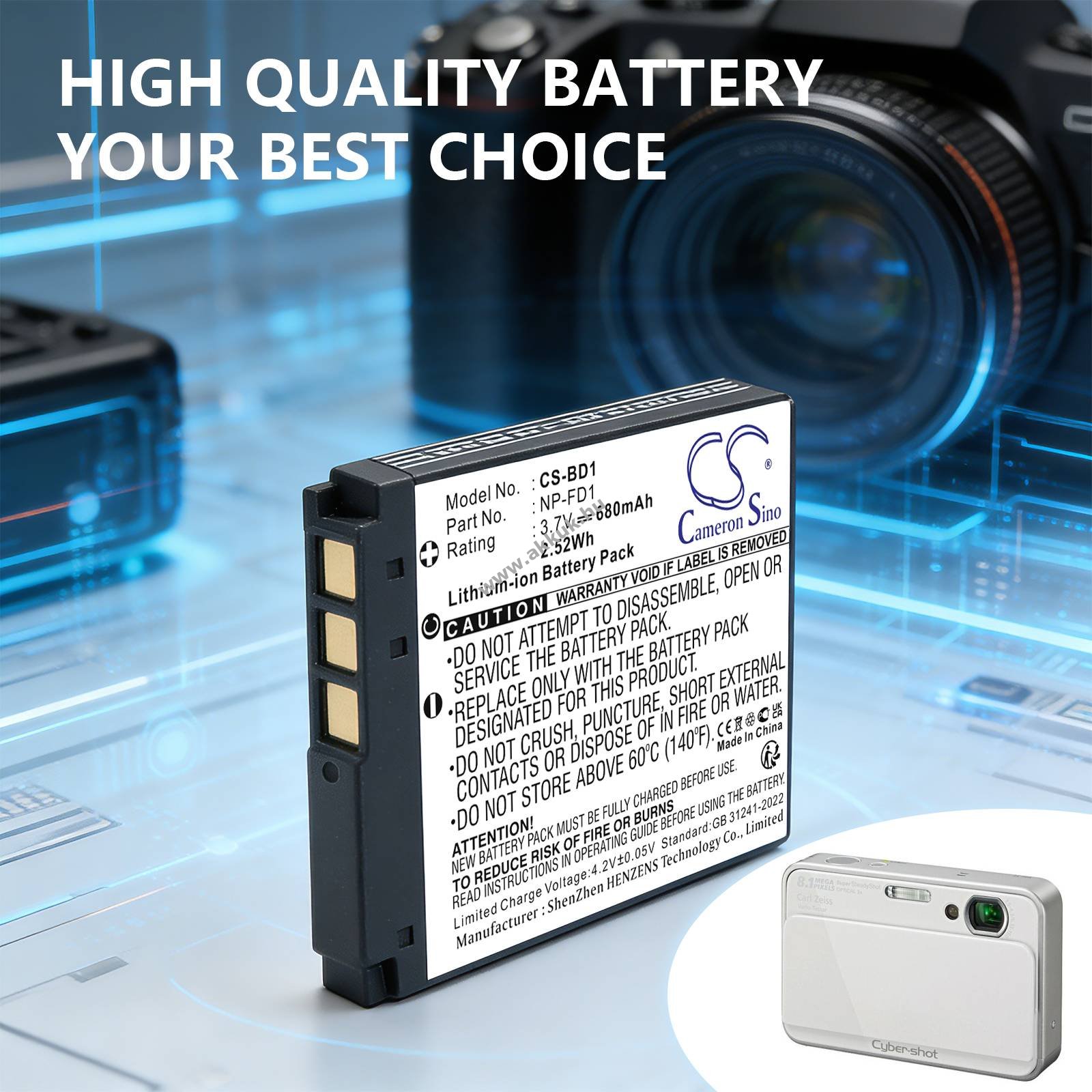 Helyettesítő kamera akku Sony Cyber-shot DSC-T200/B NP-FD1 680mAh 2.52Wh 3.7V