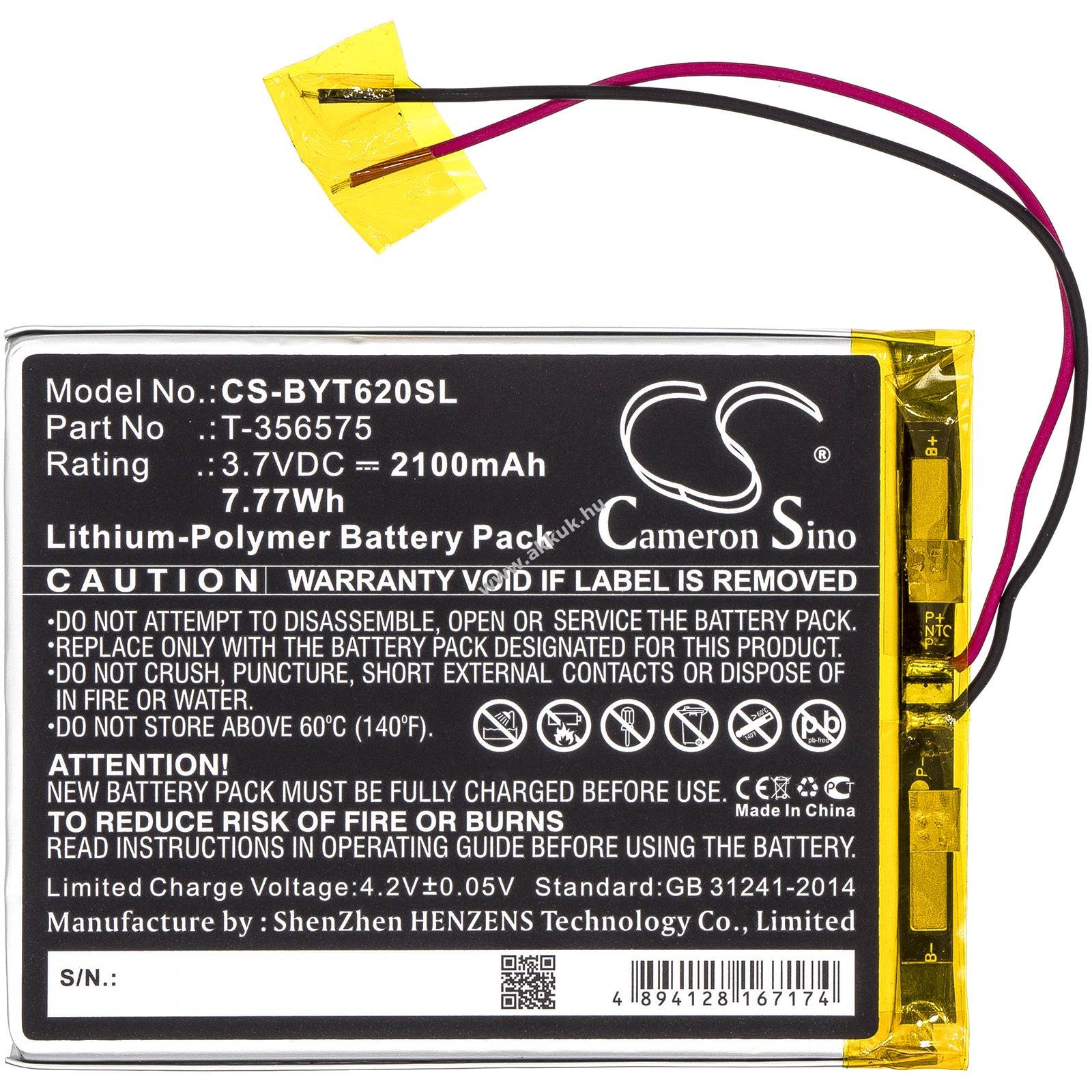 Helyettesítő e-könyv olvasó akku Boyue T62 T-356575 2100mAh 7.77Wh 3.7V
